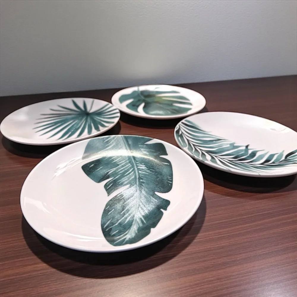 Trueliving Tropical Leaf Ceramic Plate Set 4pc Boho Palm Monstera NWT
